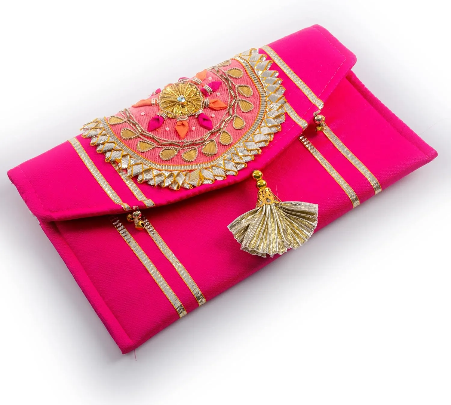 Handmade Gota Pati work Purse Wallet Batawa Clutch Hand Stitched Traditional Ethnic Golden Work Wedding Envelope for Girls Women for Party Wedding Special Occasion and Gifting (Pink - 8.5"x5")
