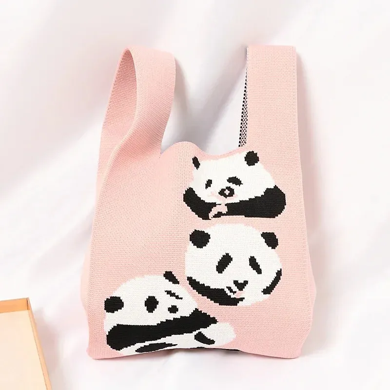 Handmade Knit Handbag Women Mini Knot Wrist-bag Female Casual Color Wide Stripe Plaid Tote Bag Student Reusable Shopping Bag