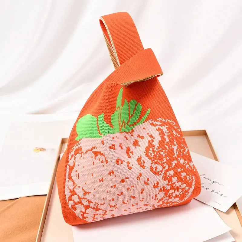 Handmade Knit Handbag Women Mini Knot Wrist-bag Female Casual Color Wide Stripe Plaid Tote Bag Student Reusable Shopping Bag