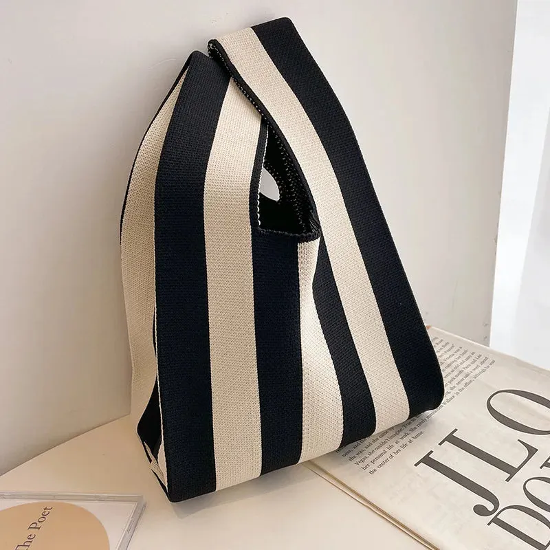 Handmade Knit Handbag Women Mini Knot Wrist-bag Female Casual Color Wide Stripe Plaid Tote Bag Student Reusable Shopping Bag