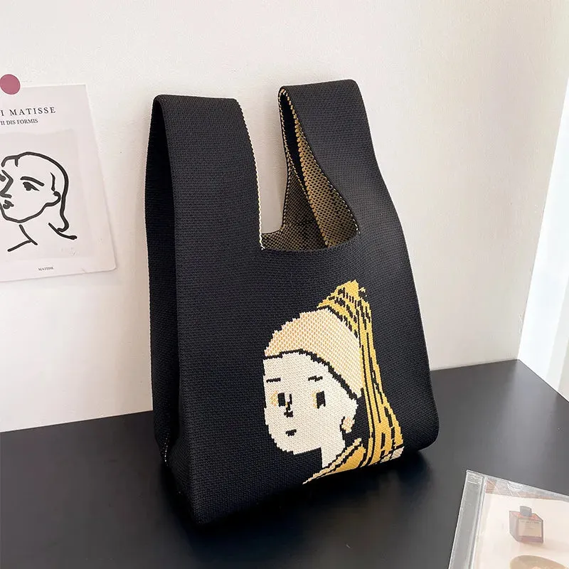 Handmade Knit Handbag Women Mini Knot Wrist-bag Female Casual Color Wide Stripe Plaid Tote Bag Student Reusable Shopping Bag