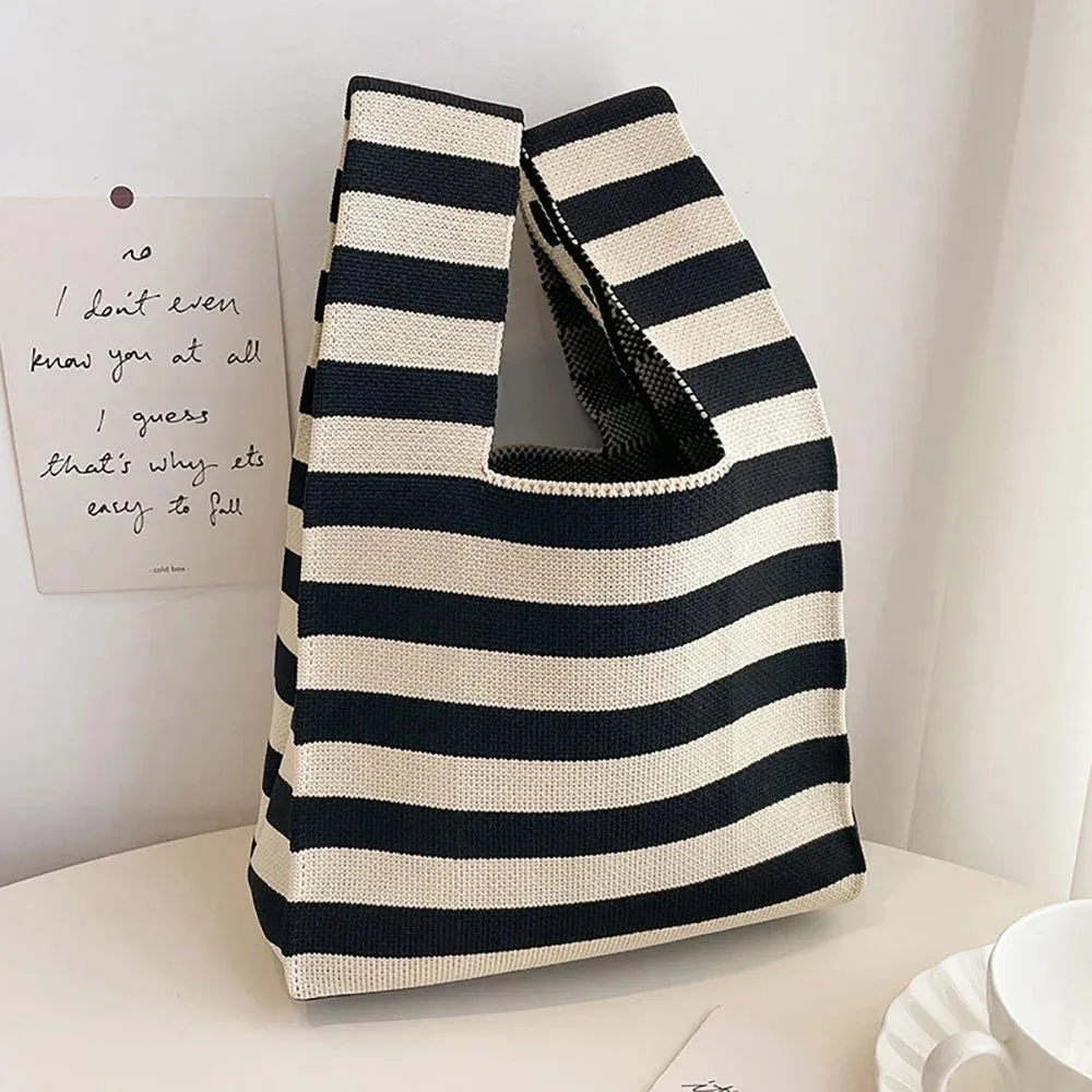 Handmade Knit Handbag Women Mini Knot Wrist-bag Female Casual Color Wide Stripe Plaid Tote Bag Student Reusable Shopping Bag