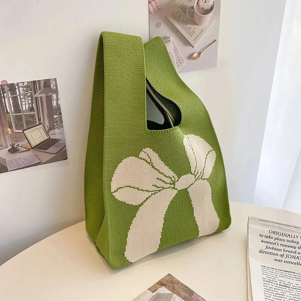 Handmade Knit Handbag Women Mini Knot Wrist-bag Female Casual Color Wide Stripe Plaid Tote Bag Student Reusable Shopping Bag