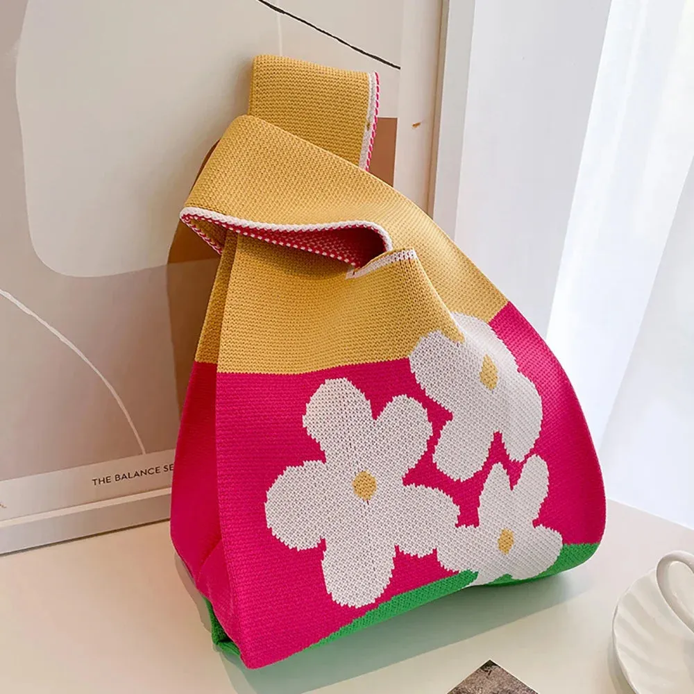 Handmade Knit Handbag Women Mini Knot Wrist-bag Female Casual Color Wide Stripe Plaid Tote Bag Student Reusable Shopping Bag