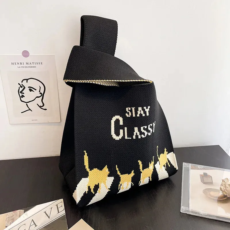 Handmade Knit Handbag Women Mini Knot Wrist-bag Female Casual Color Wide Stripe Plaid Tote Bag Student Reusable Shopping Bag