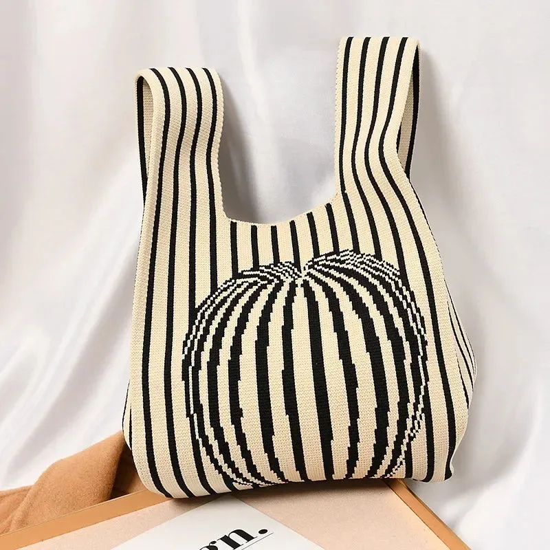Handmade Knit Handbag Women Mini Knot Wrist-bag Female Casual Color Wide Stripe Plaid Tote Bag Student Reusable Shopping Bag