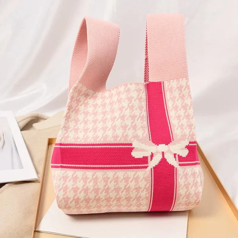 Handmade Knit Handbag Women Mini Knot Wrist-bag Female Casual Color Wide Stripe Plaid Tote Bag Student Reusable Shopping Bag