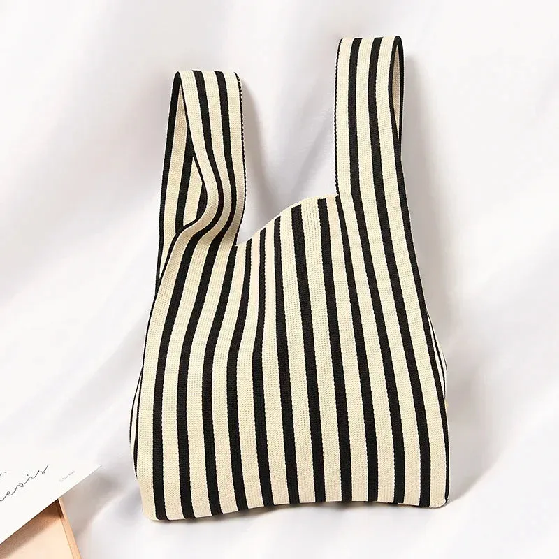 Handmade Knit Handbag Women Mini Knot Wrist-bag Female Casual Color Wide Stripe Plaid Tote Bag Student Reusable Shopping Bag