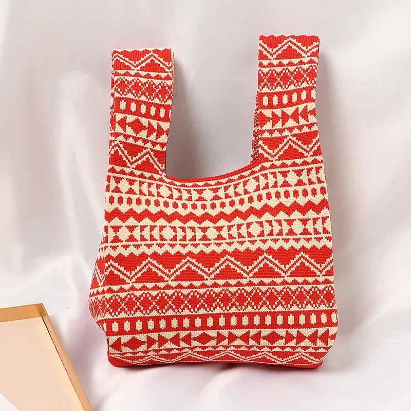 Handmade Knit Handbag Women Mini Knot Wrist-bag Female Casual Color Wide Stripe Plaid Tote Bag Student Reusable Shopping Bag