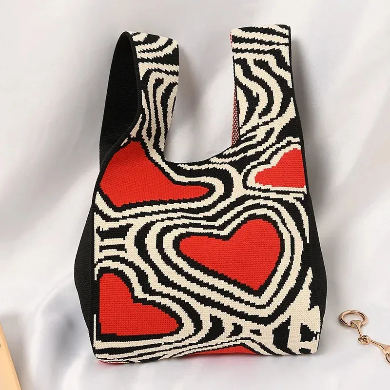 Handmade Knit Handbag Women Mini Knot Wrist-bag Female Casual Color Wide Stripe Plaid Tote Bag Student Reusable Shopping Bag