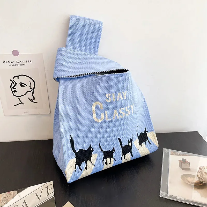 Handmade Knit Handbag Women Mini Knot Wrist-bag Female Casual Color Wide Stripe Plaid Tote Bag Student Reusable Shopping Bag