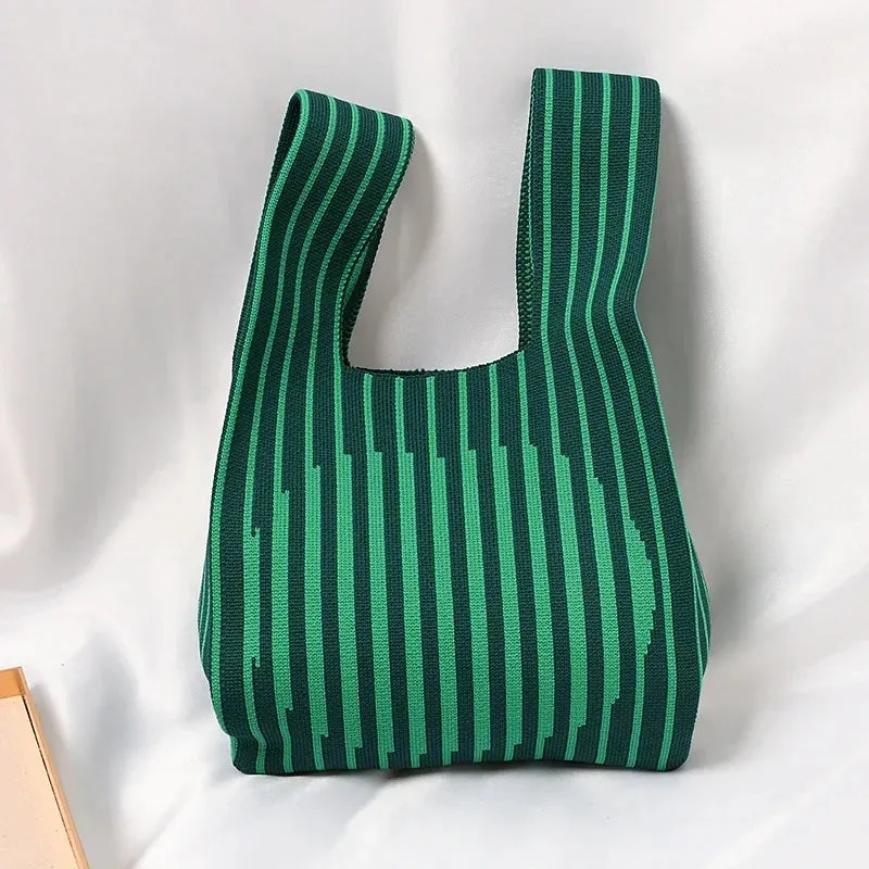 Handmade Knit Handbag Women Mini Knot Wrist-bag Female Casual Color Wide Stripe Plaid Tote Bag Student Reusable Shopping Bag