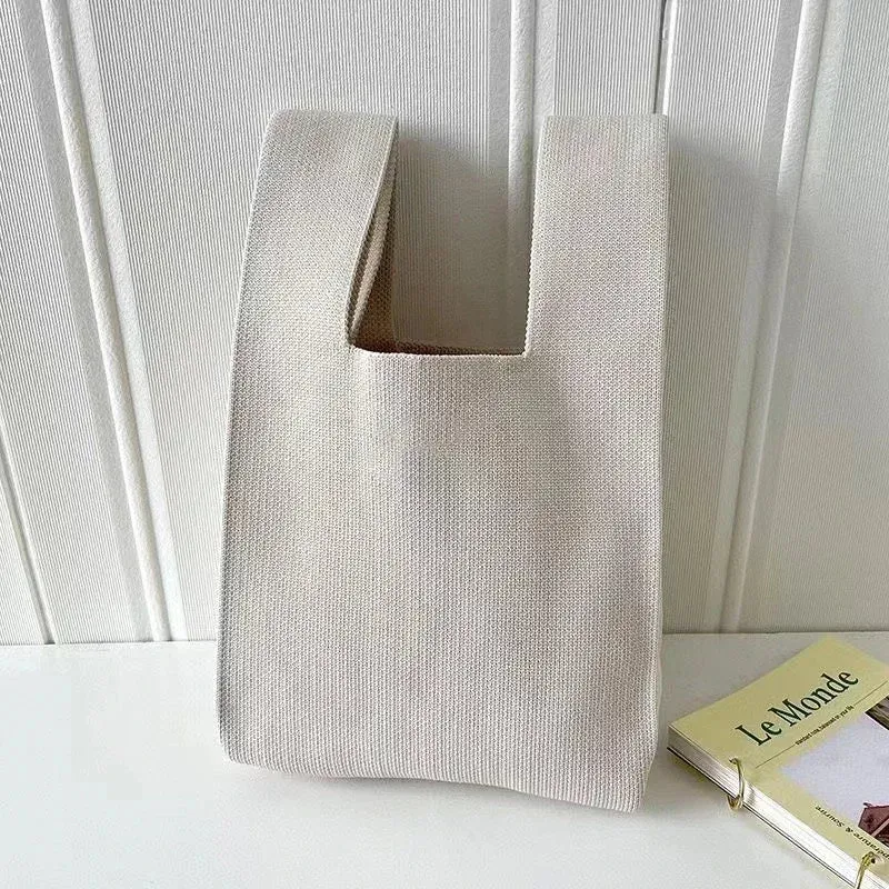 Handmade Knit Handbag Women Mini Knot Wrist-bag Female Casual Color Wide Stripe Plaid Tote Bag Student Reusable Shopping Bag