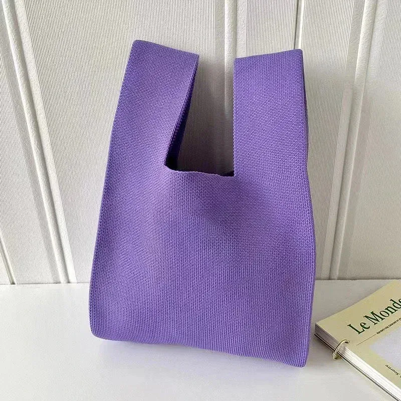 Handmade Knit Handbag Women Mini Knot Wrist-bag Female Casual Color Wide Stripe Plaid Tote Bag Student Reusable Shopping Bag