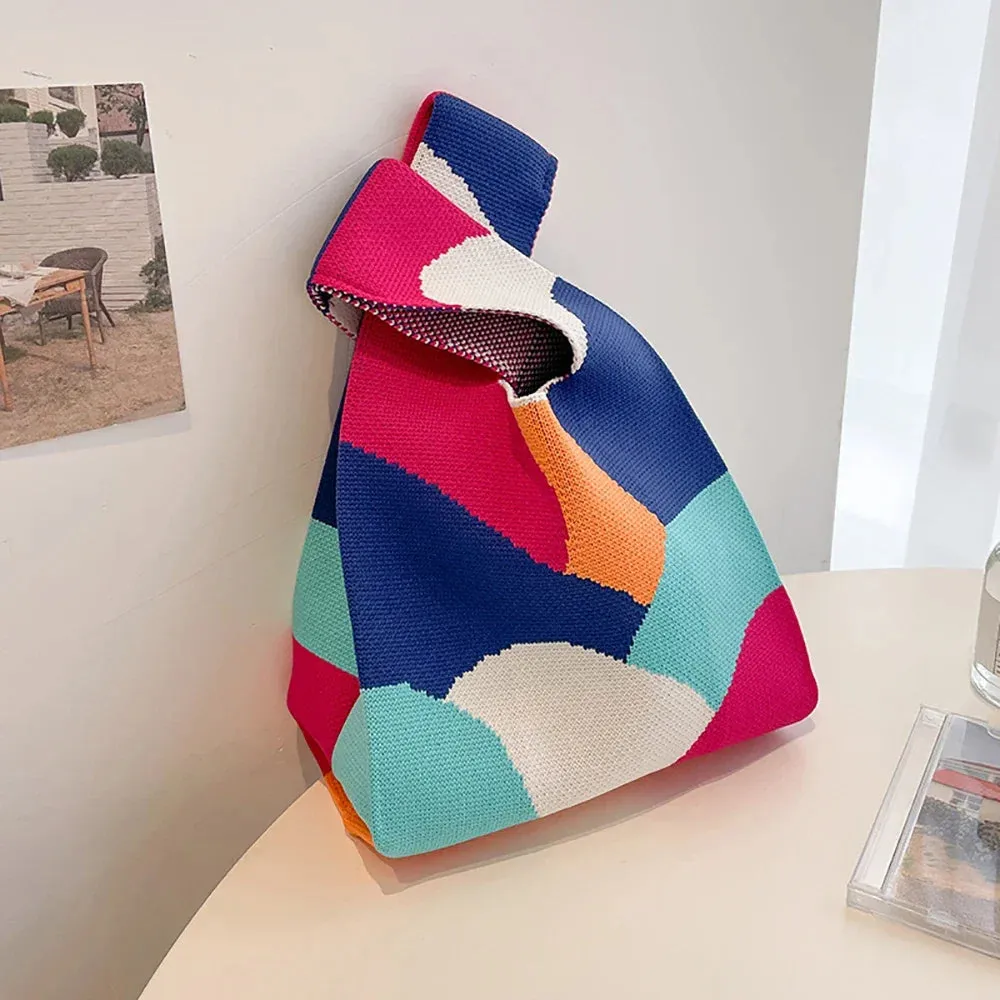 Handmade Knit Handbag Women Mini Knot Wrist-bag Female Casual Color Wide Stripe Plaid Tote Bag Student Reusable Shopping Bag