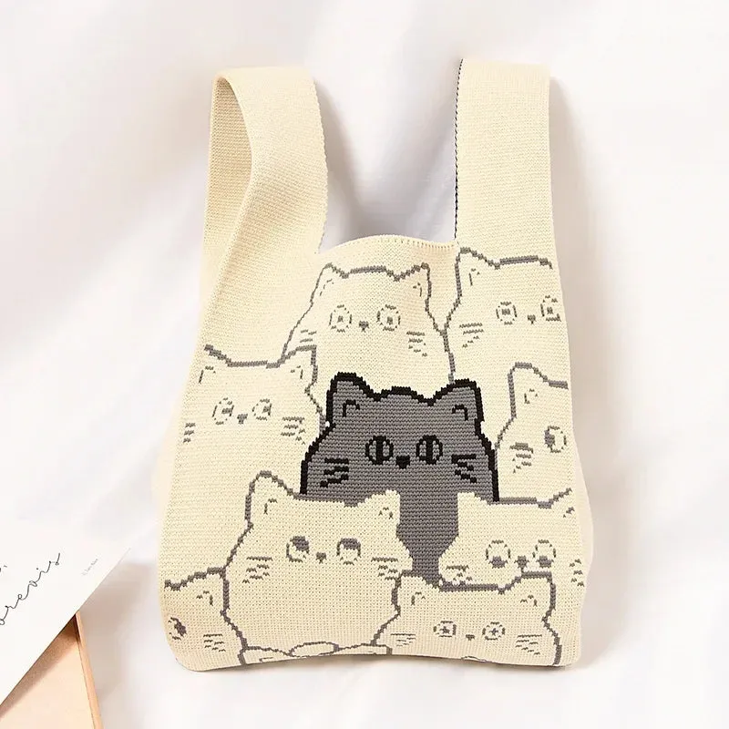 Handmade Knit Handbag Women Mini Knot Wrist-bag Female Casual Color Wide Stripe Plaid Tote Bag Student Reusable Shopping Bag