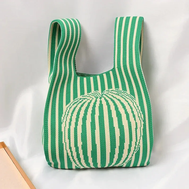 Handmade Knit Handbag Women Mini Knot Wrist-bag Female Casual Color Wide Stripe Plaid Tote Bag Student Reusable Shopping Bag