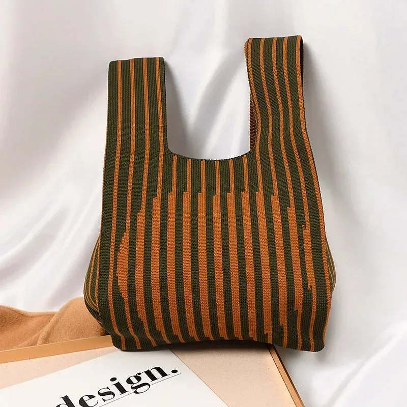 Handmade Knit Handbag Women Mini Knot Wrist-bag Female Casual Color Wide Stripe Plaid Tote Bag Student Reusable Shopping Bag
