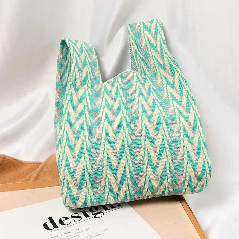 Handmade Knit Handbag Women Mini Knot Wrist-bag Female Casual Color Wide Stripe Plaid Tote Bag Student Reusable Shopping Bag