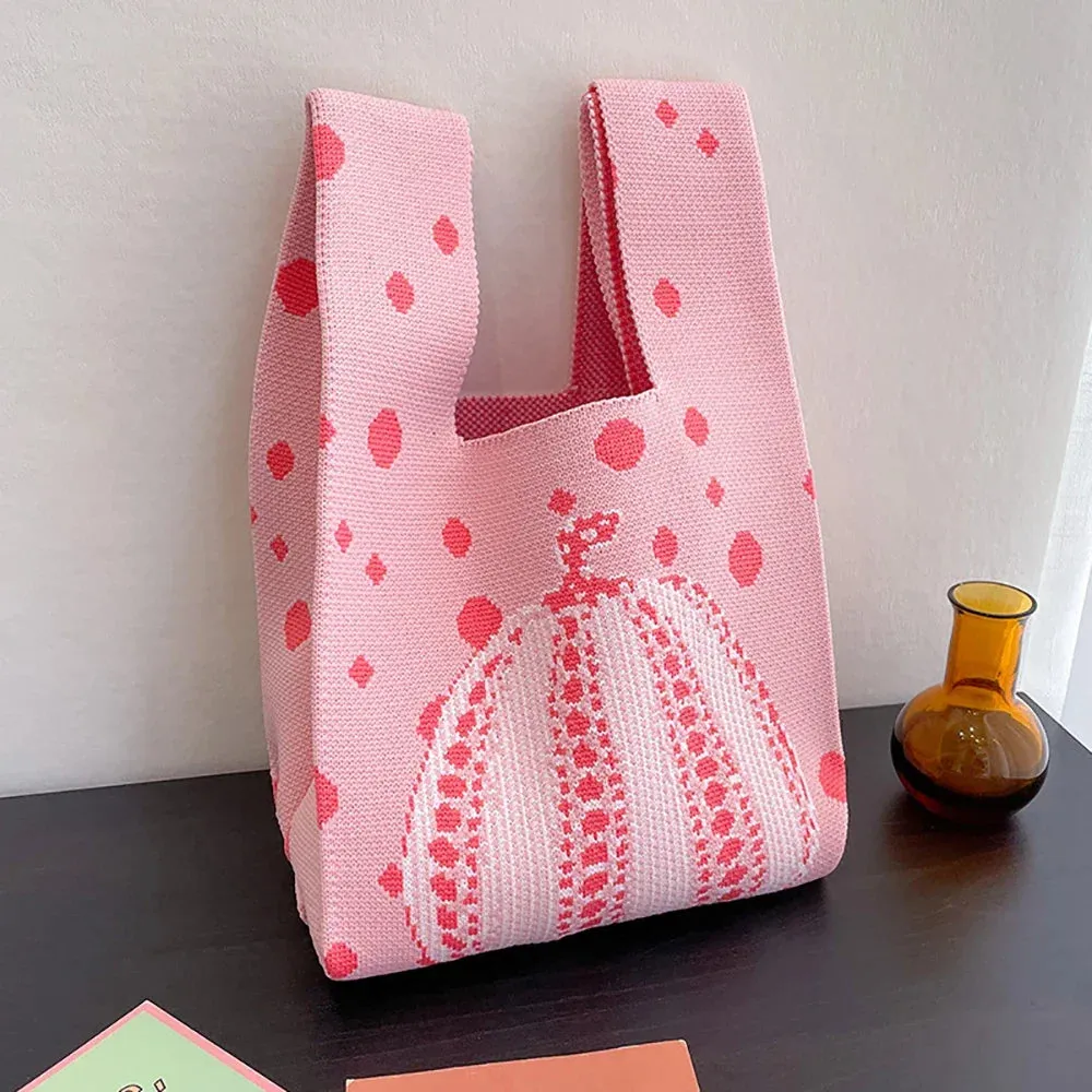 Handmade Knit Handbag Women Mini Knot Wrist-bag Female Casual Color Wide Stripe Plaid Tote Bag Student Reusable Shopping Bag