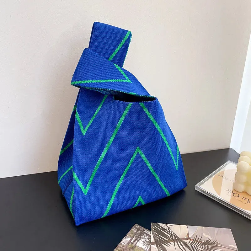 Handmade Knit Handbag Women Mini Knot Wrist-bag Female Casual Color Wide Stripe Plaid Tote Bag Student Reusable Shopping Bag