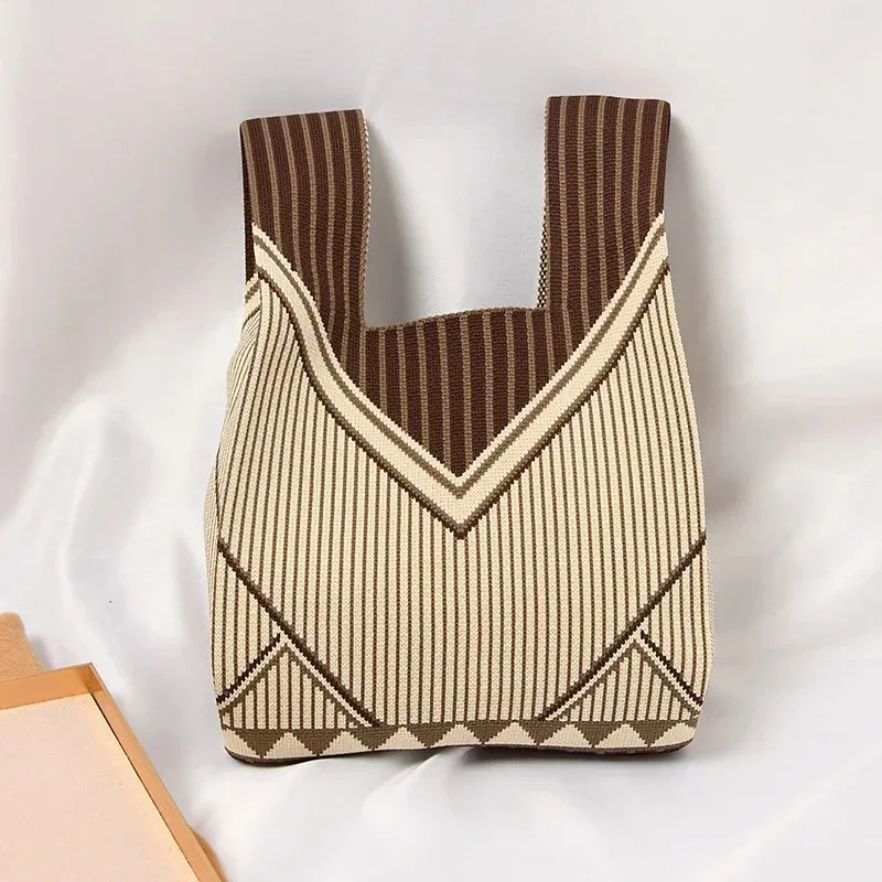 Handmade Knit Handbag Women Mini Knot Wrist-bag Female Casual Color Wide Stripe Plaid Tote Bag Student Reusable Shopping Bag