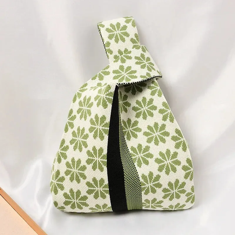 Handmade Knit Handbag Women Mini Knot Wrist-bag Female Casual Color Wide Stripe Plaid Tote Bag Student Reusable Shopping Bag