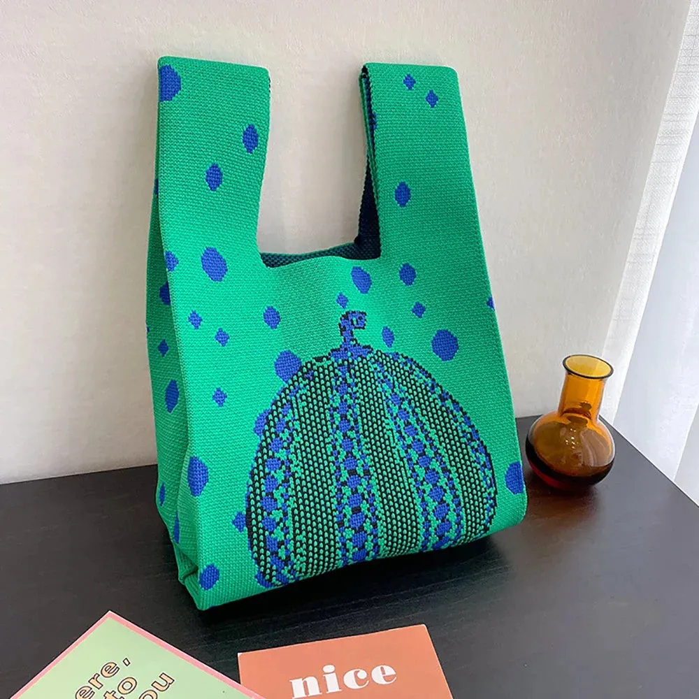 Handmade Knit Handbag Women Mini Knot Wrist-bag Female Casual Color Wide Stripe Plaid Tote Bag Student Reusable Shopping Bag
