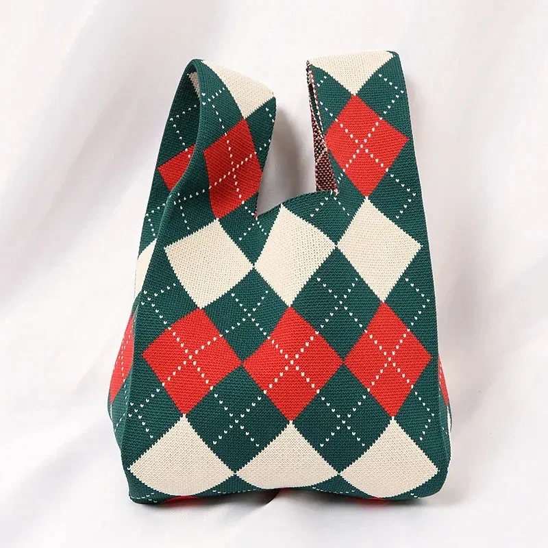 Handmade Knit Handbag Women Mini Knot Wrist-bag Female Casual Color Wide Stripe Plaid Tote Bag Student Reusable Shopping Bag
