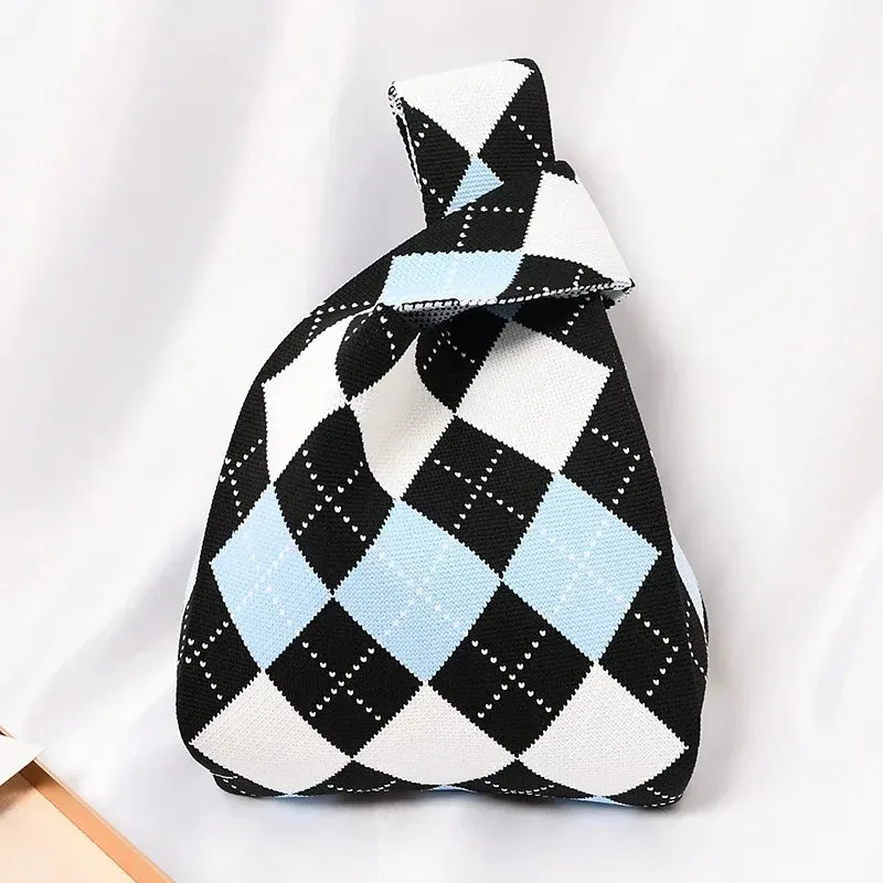 Handmade Knit Handbag Women Mini Knot Wrist-bag Female Casual Color Wide Stripe Plaid Tote Bag Student Reusable Shopping Bag