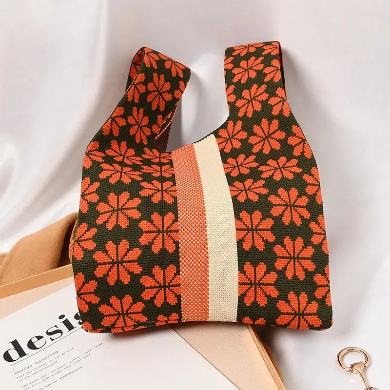 Handmade Knit Handbag Women Mini Knot Wrist-bag Female Casual Color Wide Stripe Plaid Tote Bag Student Reusable Shopping Bag