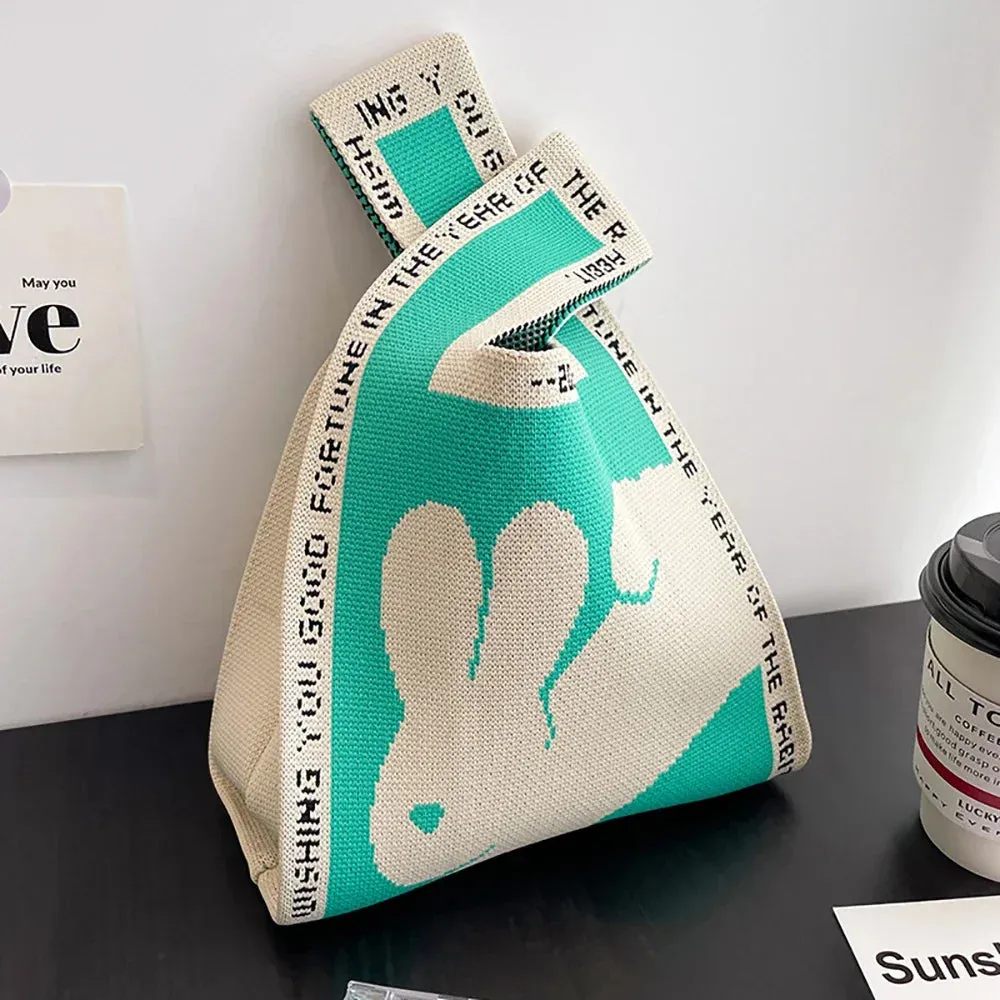 Handmade Knit Handbag Women Mini Knot Wrist-bag Female Casual Color Wide Stripe Plaid Tote Bag Student Reusable Shopping Bag