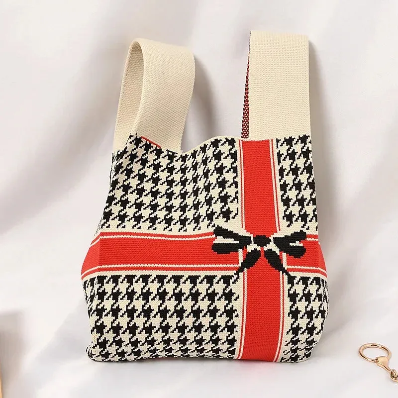 Handmade Knit Handbag Women Mini Knot Wrist-bag Female Casual Color Wide Stripe Plaid Tote Bag Student Reusable Shopping Bag