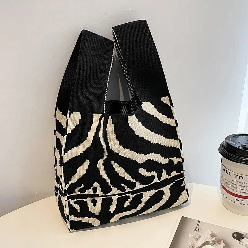 Handmade Knit Handbag Women Mini Knot Wrist-bag Female Casual Color Wide Stripe Plaid Tote Bag Student Reusable Shopping Bag