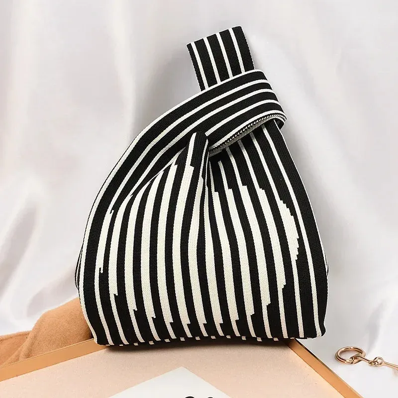 Handmade Knit Handbag Women Mini Knot Wrist-bag Female Casual Color Wide Stripe Plaid Tote Bag Student Reusable Shopping Bag