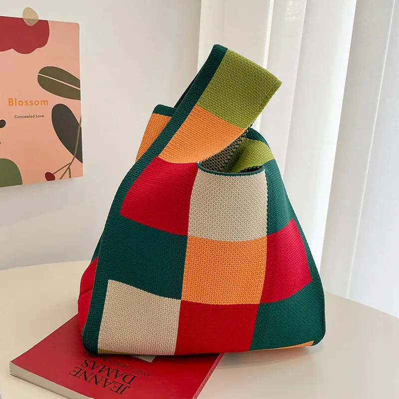 Handmade Knit Handbag Women Mini Knot Wrist-bag Female Casual Color Wide Stripe Plaid Tote Bag Student Reusable Shopping Bag
