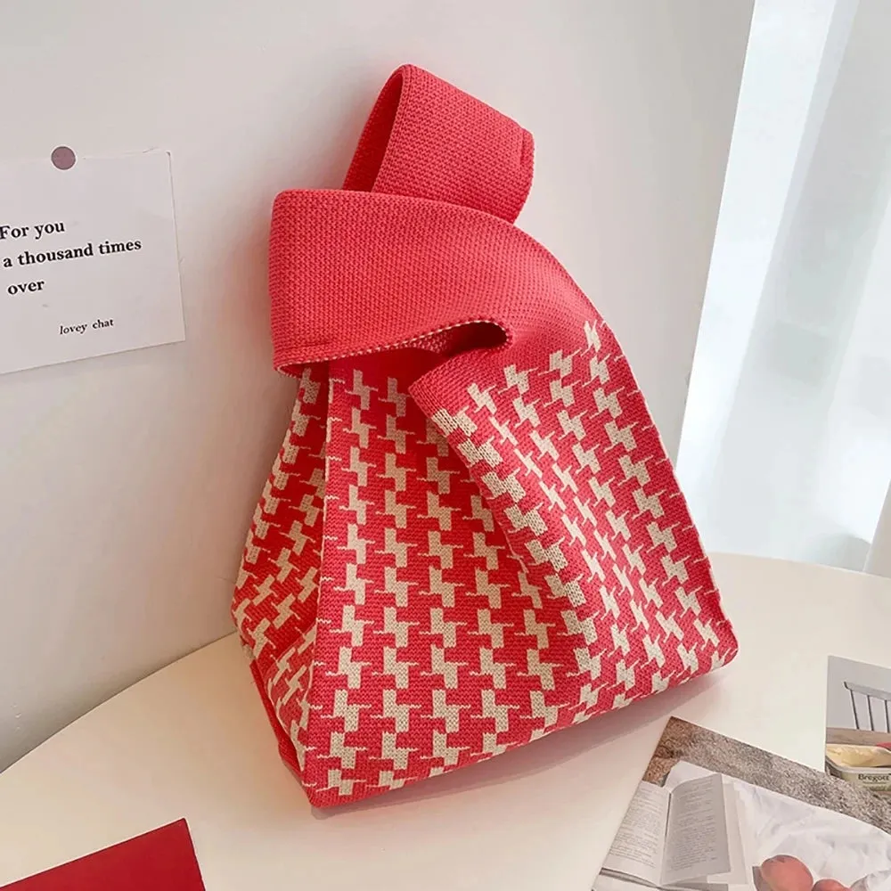 Handmade Knit Handbag Women Mini Knot Wrist-bag Female Casual Color Wide Stripe Plaid Tote Bag Student Reusable Shopping Bag