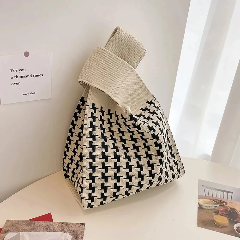 Handmade Knit Handbag Women Mini Knot Wrist-bag Female Casual Color Wide Stripe Plaid Tote Bag Student Reusable Shopping Bag