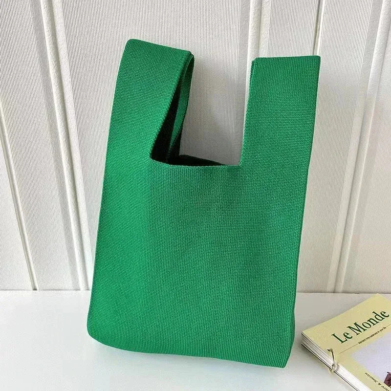 Handmade Knit Handbag Women Mini Knot Wrist-bag Female Casual Color Wide Stripe Plaid Tote Bag Student Reusable Shopping Bag