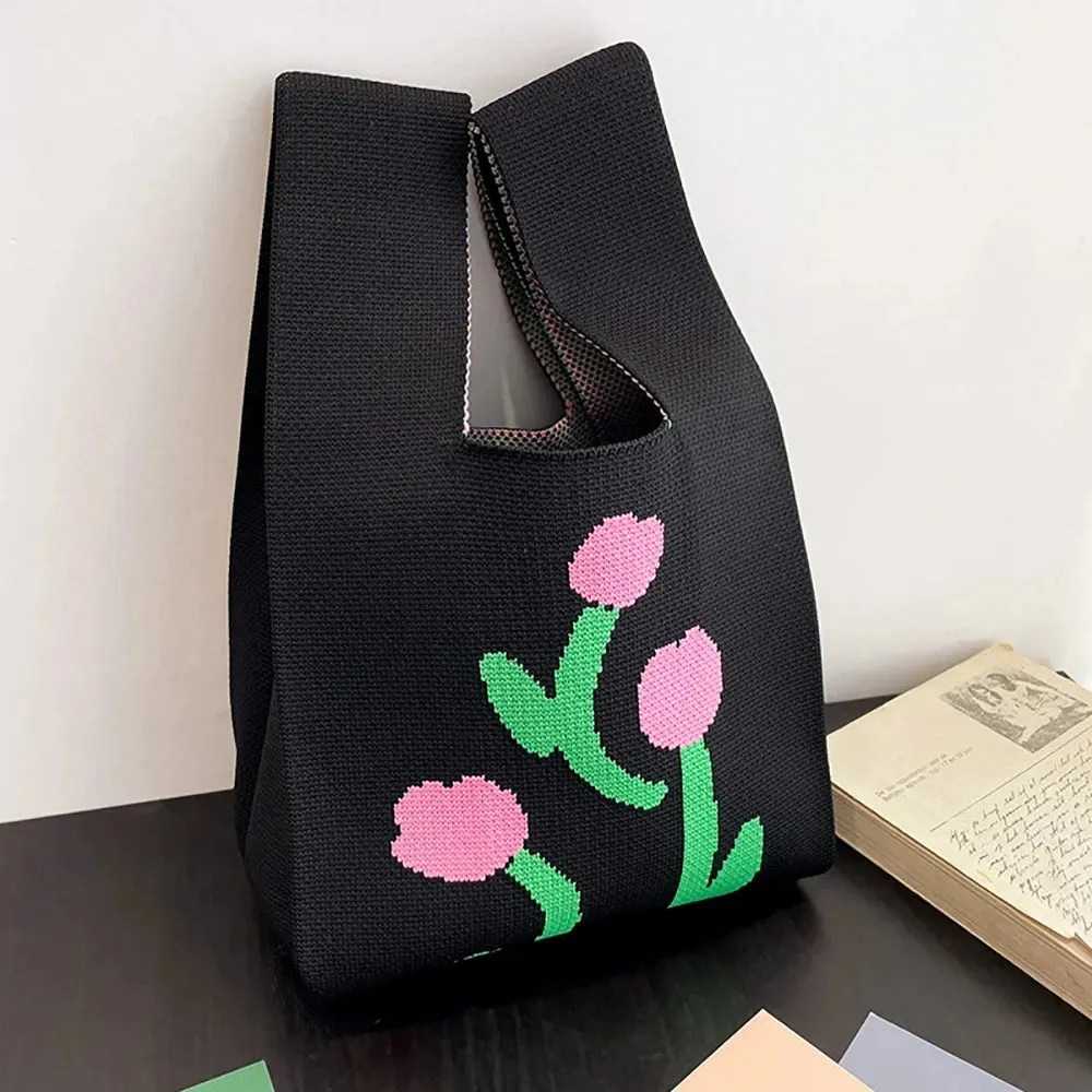Handmade Knit Handbag Women Mini Knot Wrist-bag Female Casual Color Wide Stripe Plaid Tote Bag Student Reusable Shopping Bag