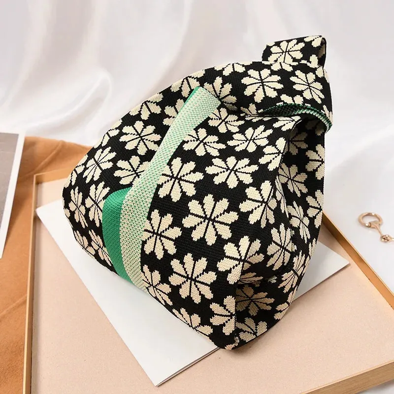 Handmade Knit Handbag Women Mini Knot Wrist-bag Female Casual Color Wide Stripe Plaid Tote Bag Student Reusable Shopping Bag