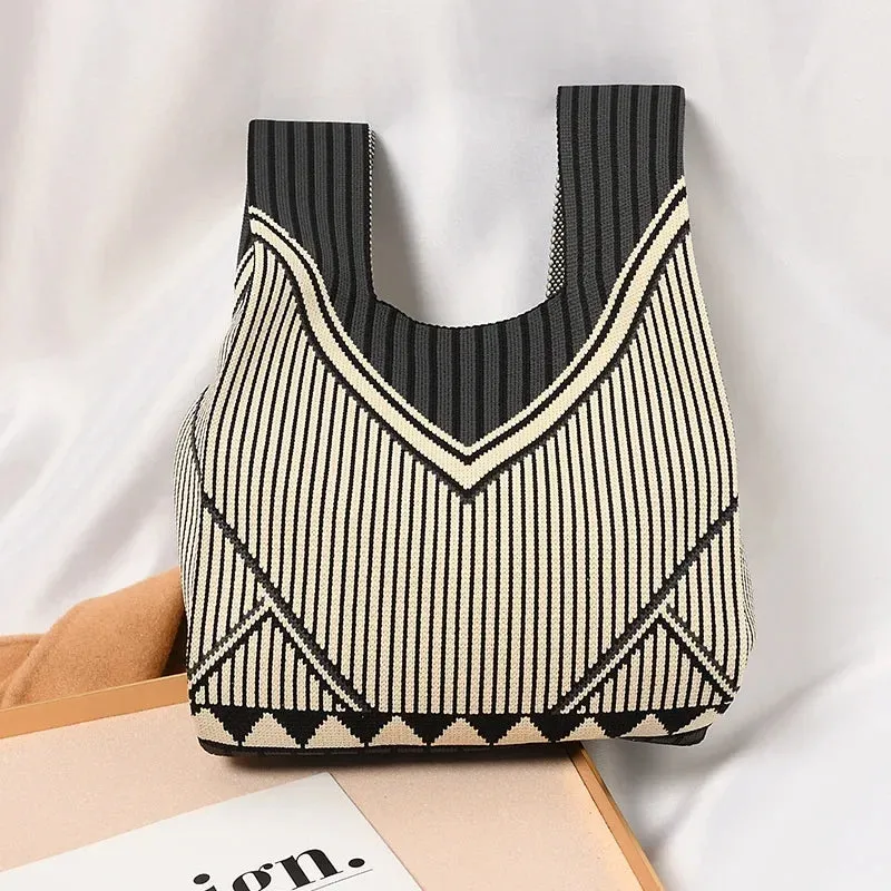 Handmade Knit Handbag Women Mini Knot Wrist-bag Female Casual Color Wide Stripe Plaid Tote Bag Student Reusable Shopping Bag