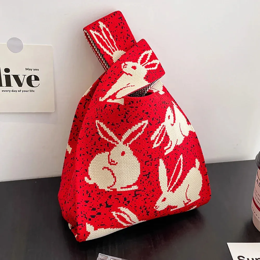 Handmade Knit Handbag Women Mini Knot Wrist-bag Female Casual Color Wide Stripe Plaid Tote Bag Student Reusable Shopping Bag