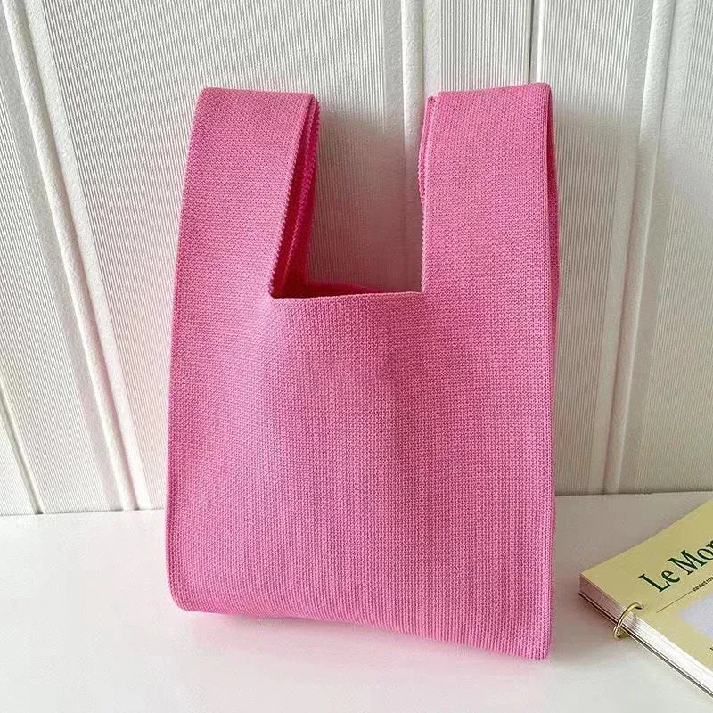 Handmade Knit Handbag Women Mini Knot Wrist-bag Female Casual Color Wide Stripe Plaid Tote Bag Student Reusable Shopping Bag