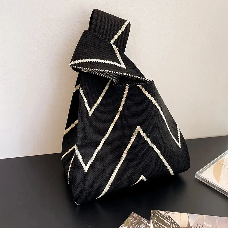 Handmade Knit Handbag Women Mini Knot Wrist-bag Female Casual Color Wide Stripe Plaid Tote Bag Student Reusable Shopping Bag