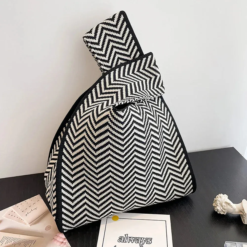 Handmade Knit Handbag Women Mini Knot Wrist-bag Female Casual Color Wide Stripe Plaid Tote Bag Student Reusable Shopping Bag