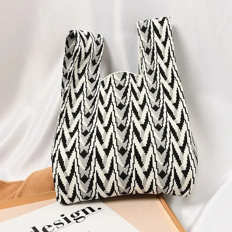 Handmade Knit Handbag Women Mini Knot Wrist-bag Female Casual Color Wide Stripe Plaid Tote Bag Student Reusable Shopping Bag