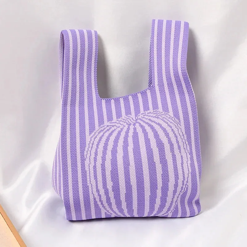 Handmade Knit Handbag Women Mini Knot Wrist-bag Female Casual Color Wide Stripe Plaid Tote Bag Student Reusable Shopping Bag