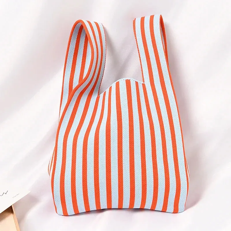 Handmade Knit Handbag Women Mini Knot Wrist-bag Female Casual Color Wide Stripe Plaid Tote Bag Student Reusable Shopping Bag