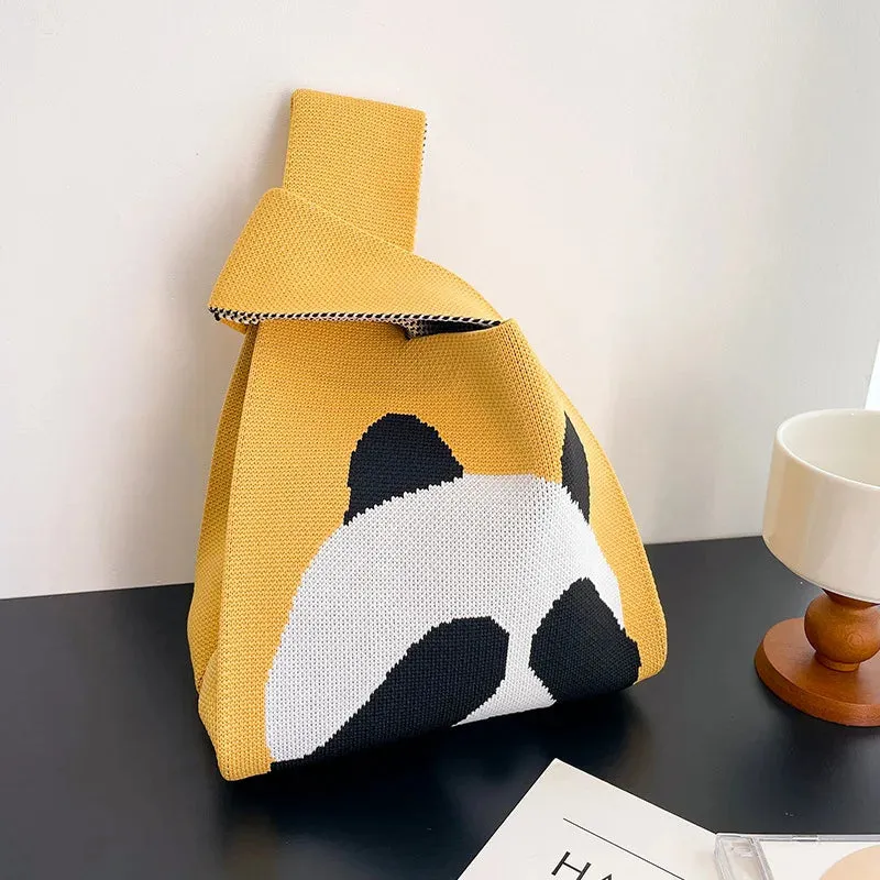 Handmade Knit Handbag Women Mini Knot Wrist-bag Female Casual Color Wide Stripe Plaid Tote Bag Student Reusable Shopping Bag